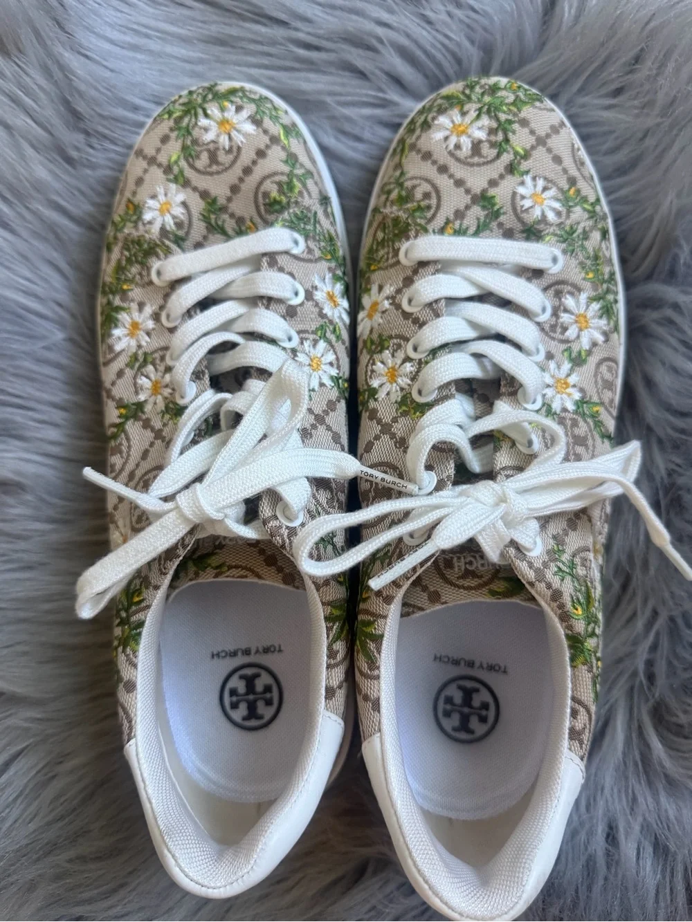 Tory Burch Tan Logo Floral Lace-Up Sneakers Howell Jacquard Print 10.5